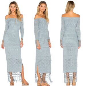 House of Harlow 1960 x REVOLVE Rose Dress Dusty Blue Off The Shoulder Fringe S